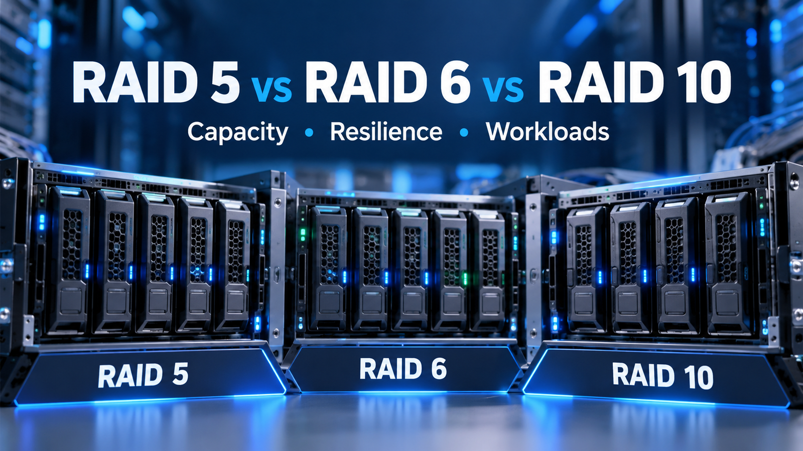 Illustration of three data-center storage arrays labeled RAID 5, RAID 6 and RAID 10.