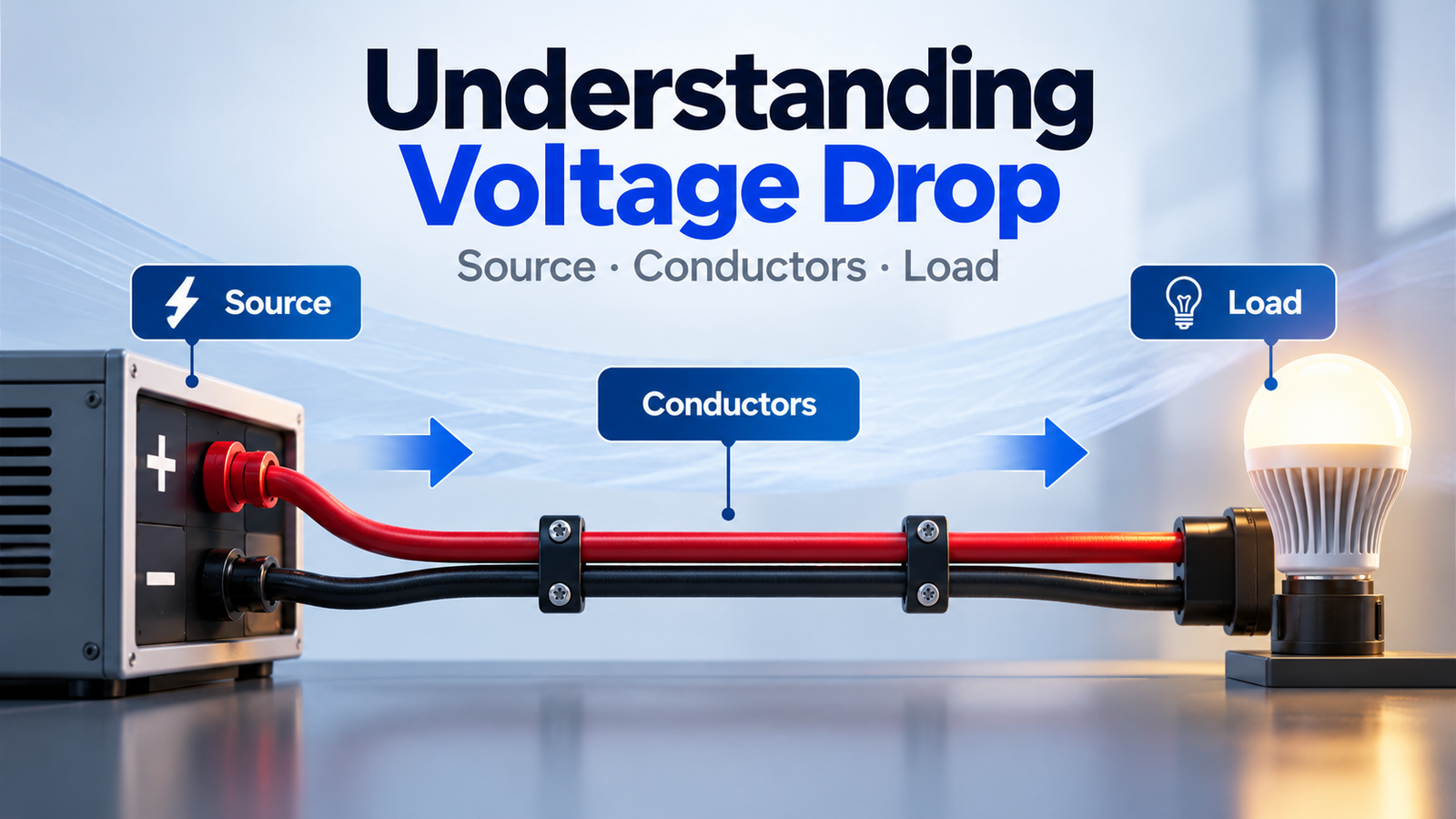 Voltage drop concept showing a DC power source connected to an electrical load through two conductors.